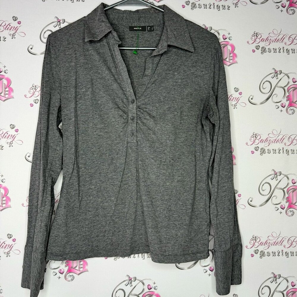 MEXX shirt button down top grey stretchy lounge comfy collar collared long